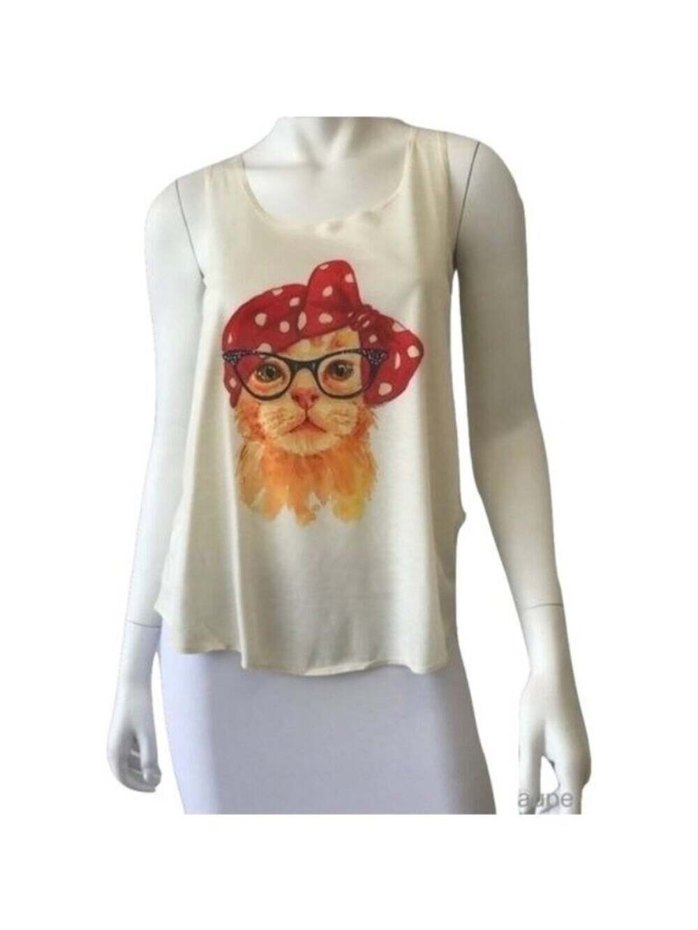 Sleeveless Ivory Tank Top With Cat Graphic & Red Polka Dot Bow S